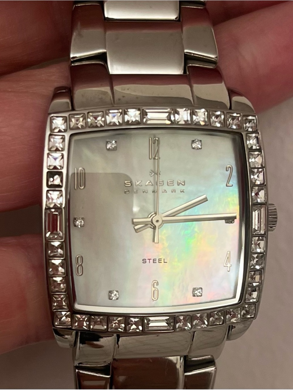 Skagen Silver-Tone Crystal Bezel Watch with Mother-of-Pearl Dial